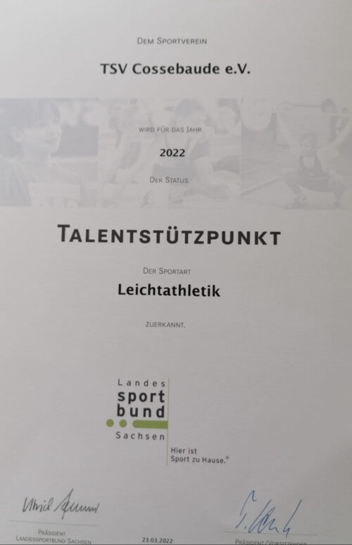 TSV Cossebaude Leichtathletik für 2022 erneut zum Talentstützpunkt ernannt
